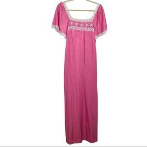 Vintage 70s Sears Pink Lace Nightgown Maxi Slip Floral Embroidery M Tradwife